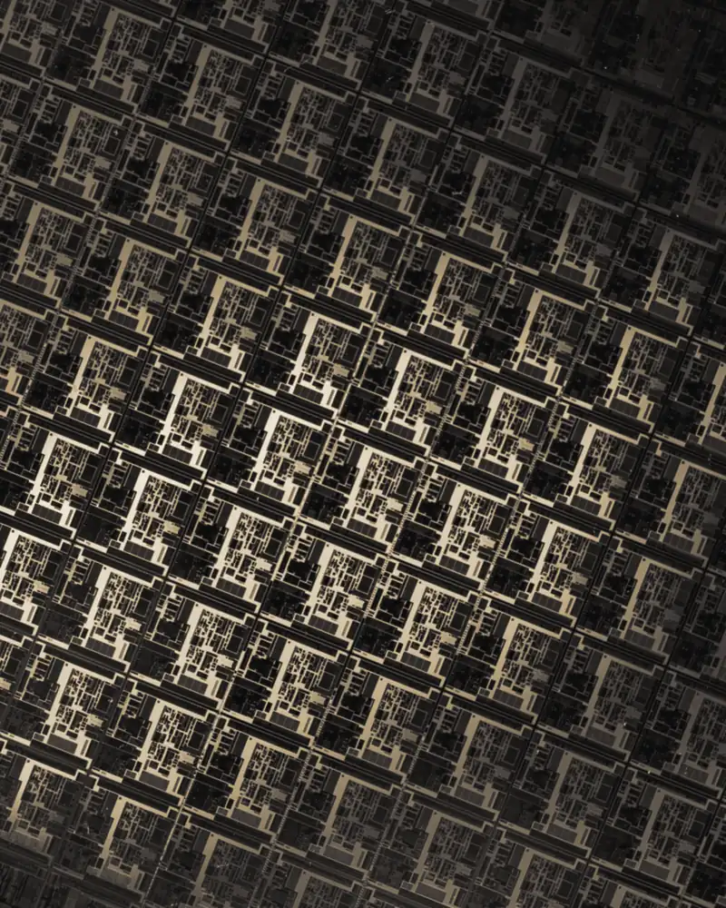 Rows of chips on a silicon wafer